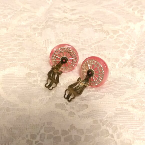Vintage Silver Tone Round Pink Stud Earrings Non-Pierced Clip Earrings - Picture 6 of 7
